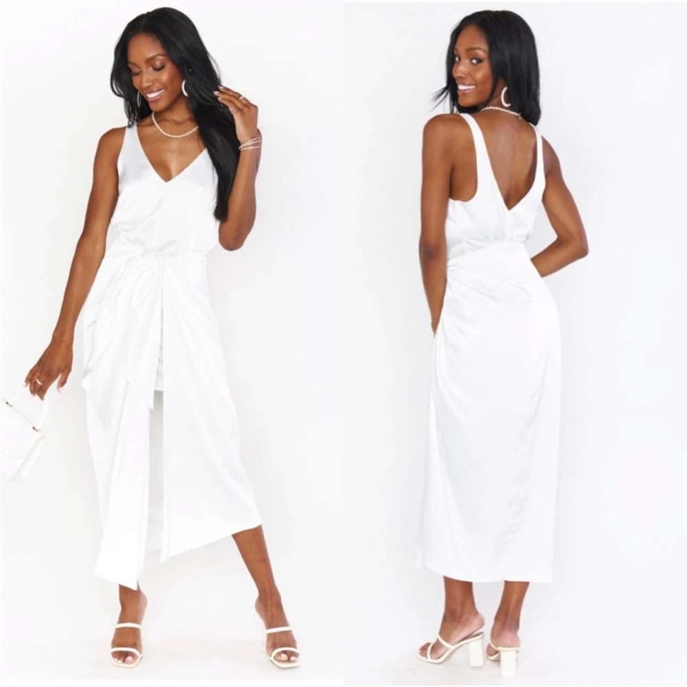 Show Me Your Mumu Hampton Wrap Dress Ivory Luxe Satin L